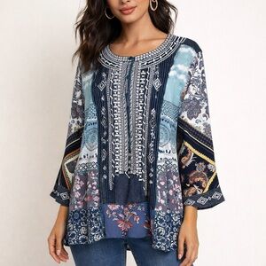 John Mark Embroidered Blue Patchwork Bohemian Long Sleeve Tunic Top size 3X